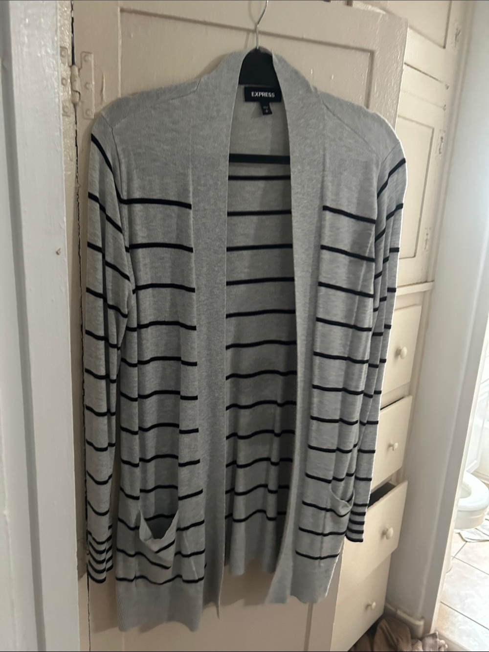 Express Light Gray Open-Front Cardigan with Black Stripes